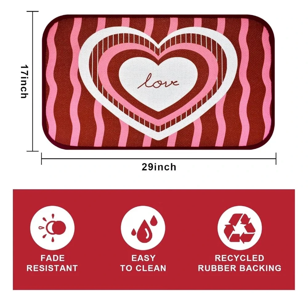 Valentines Day Heart Love Floor Mat Red Pink Striped Rubber Backing Rug 17x29